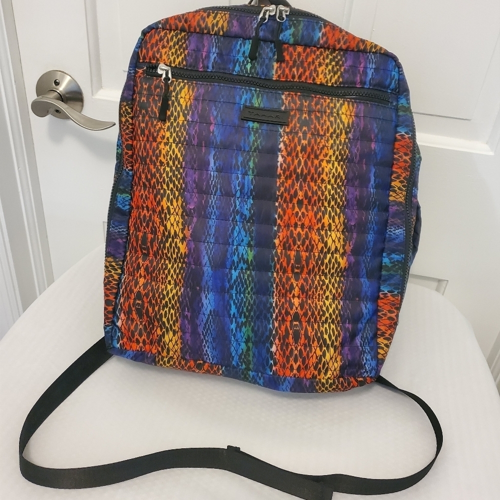 Tahari Quilted Rainbow Snakeprint Recycled Material Backpack Colorful
